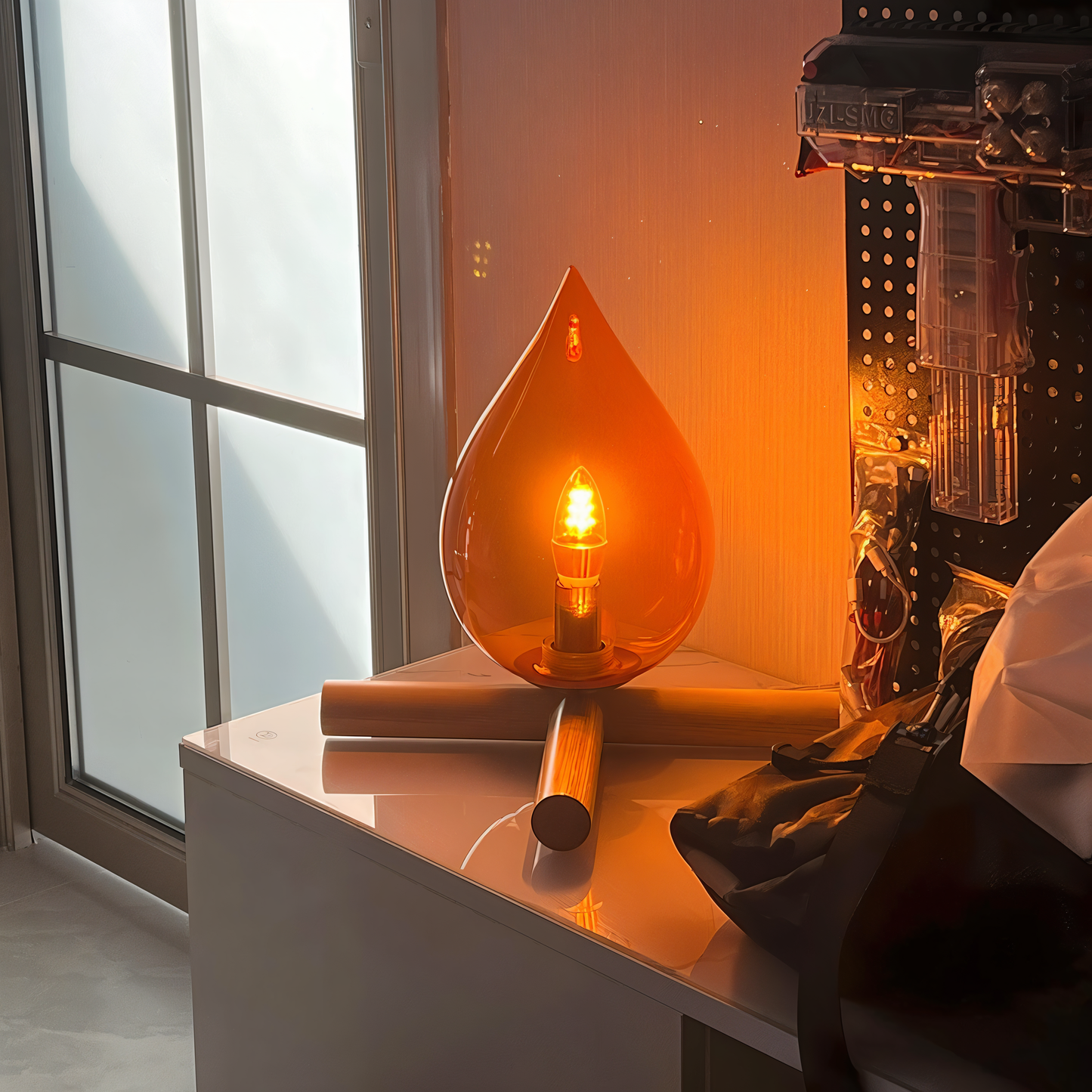 Lampe de table décorative – Lampe de feu de camp avec base en bois chaleureuse
