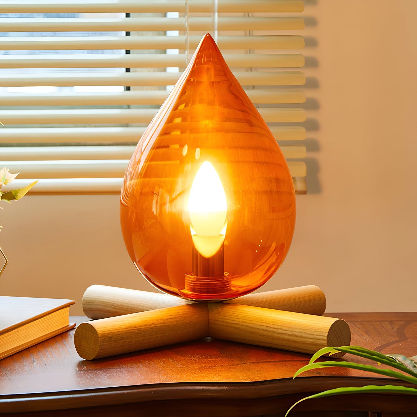 Lampe de table décorative – Lampe de feu de camp avec base en bois chaleureuse