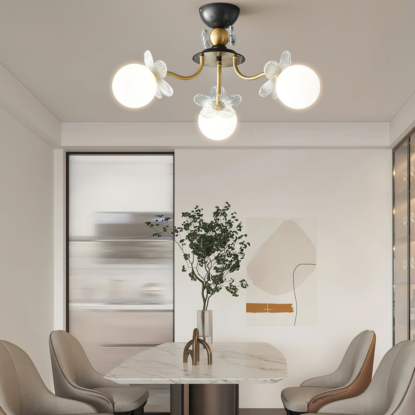 Chandelier en Verre Floral – Éclairage Élégant pour Maison et Bureau