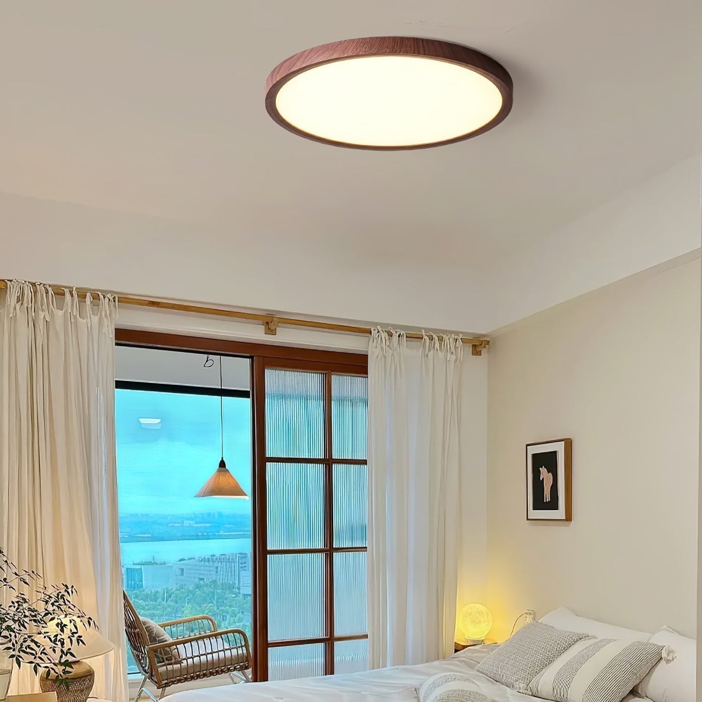 Lampe plafond ronde ultra-fine – Éclairage design finition noyer pour maison et bureau