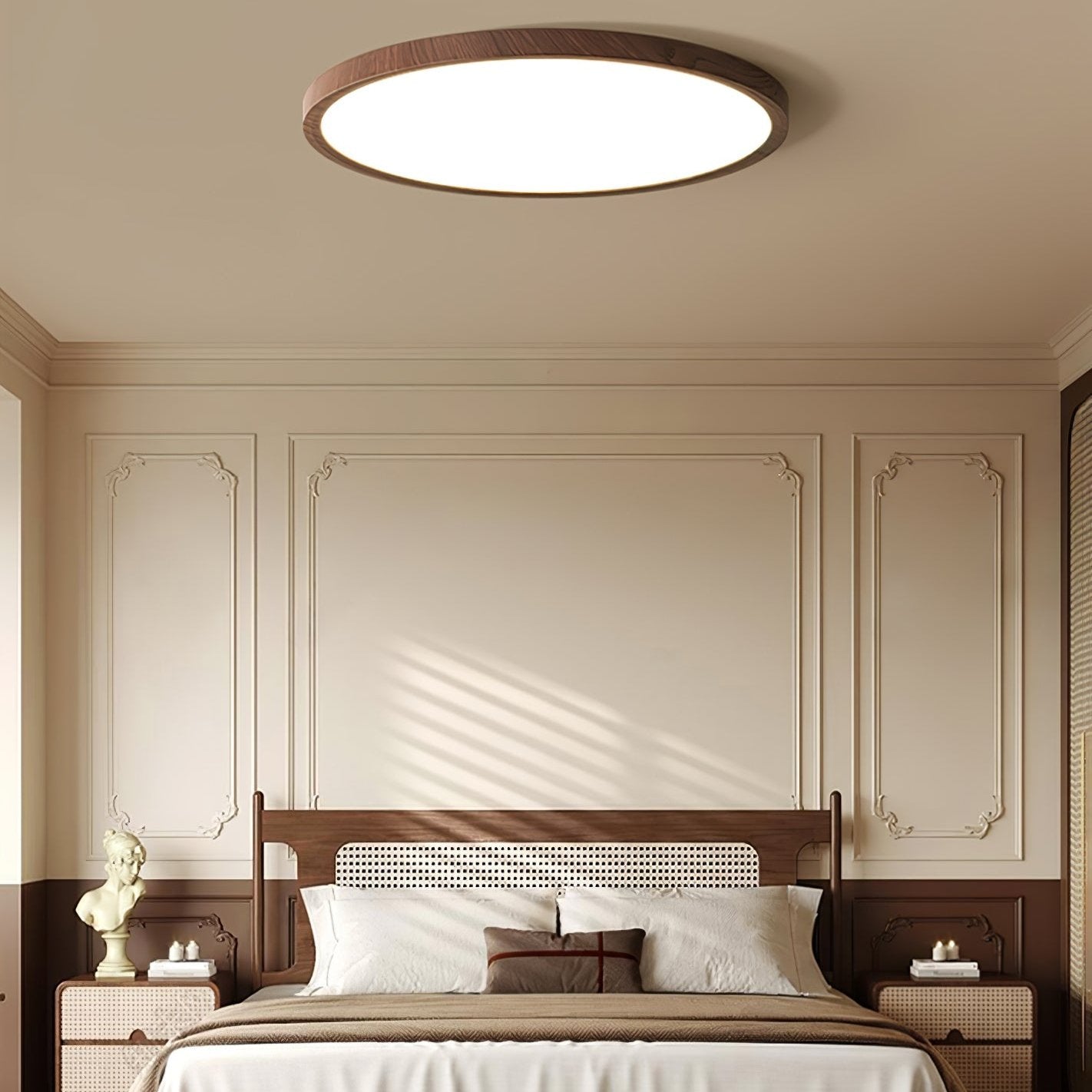 Lampe plafond ronde ultra-fine – Éclairage design finition noyer pour maison et bureau