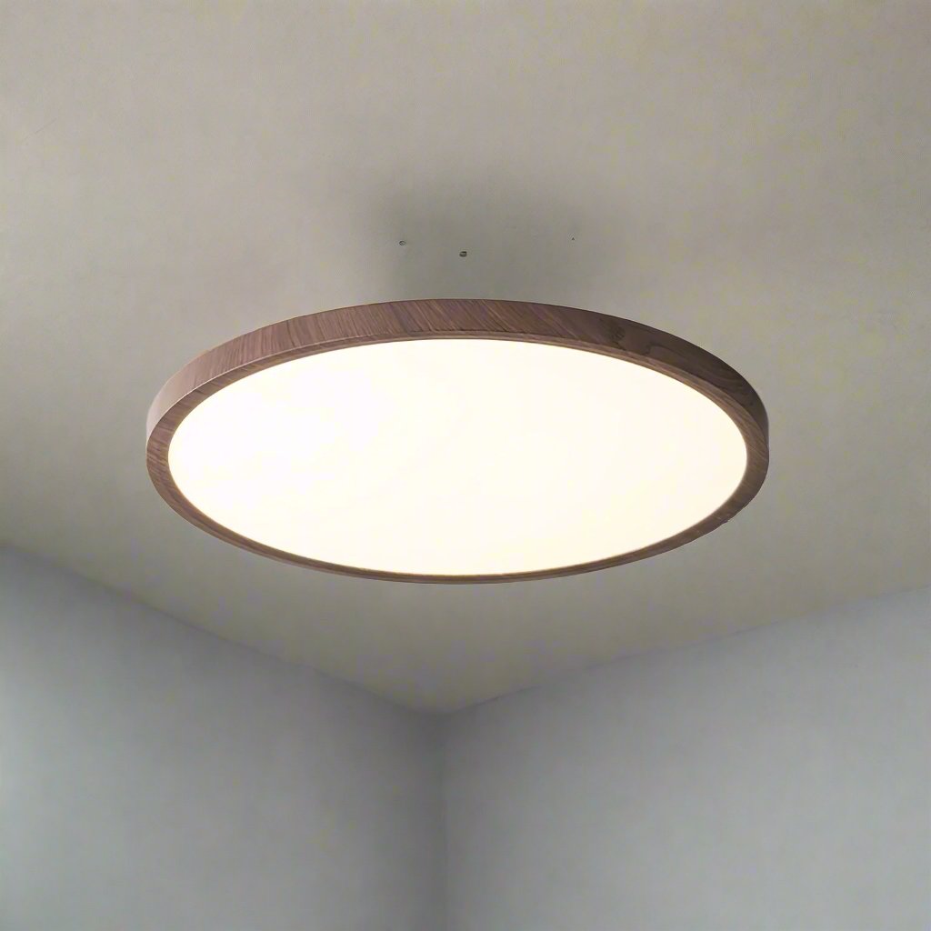 Lampe plafond ronde ultra-fine – Éclairage design finition noyer pour maison et bureau