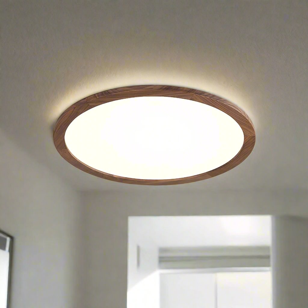 Lampe plafond ronde ultra-fine – Éclairage design finition noyer pour maison et bureau