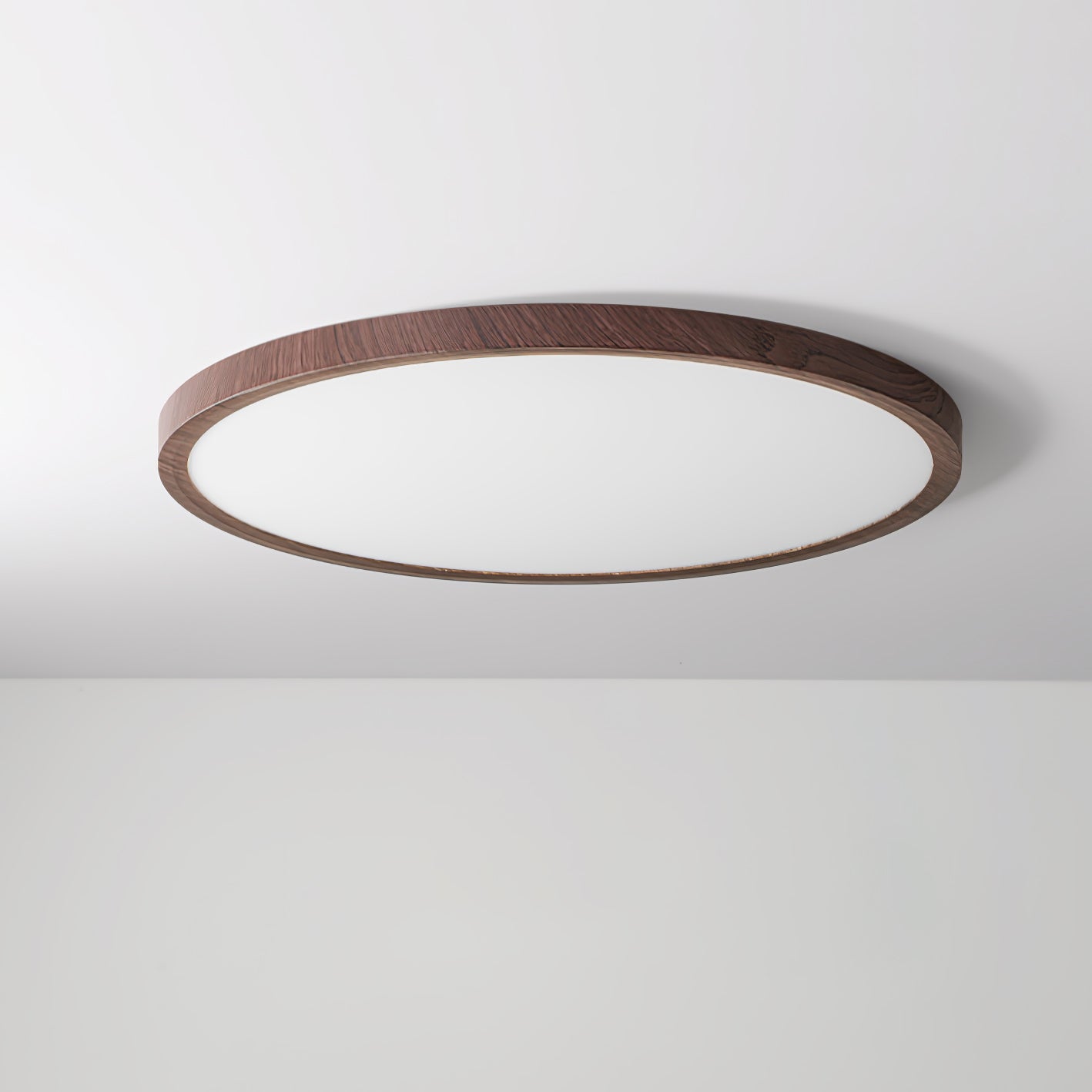 Lampe plafond ronde ultra-fine – Éclairage design finition noyer pour maison et bureau
