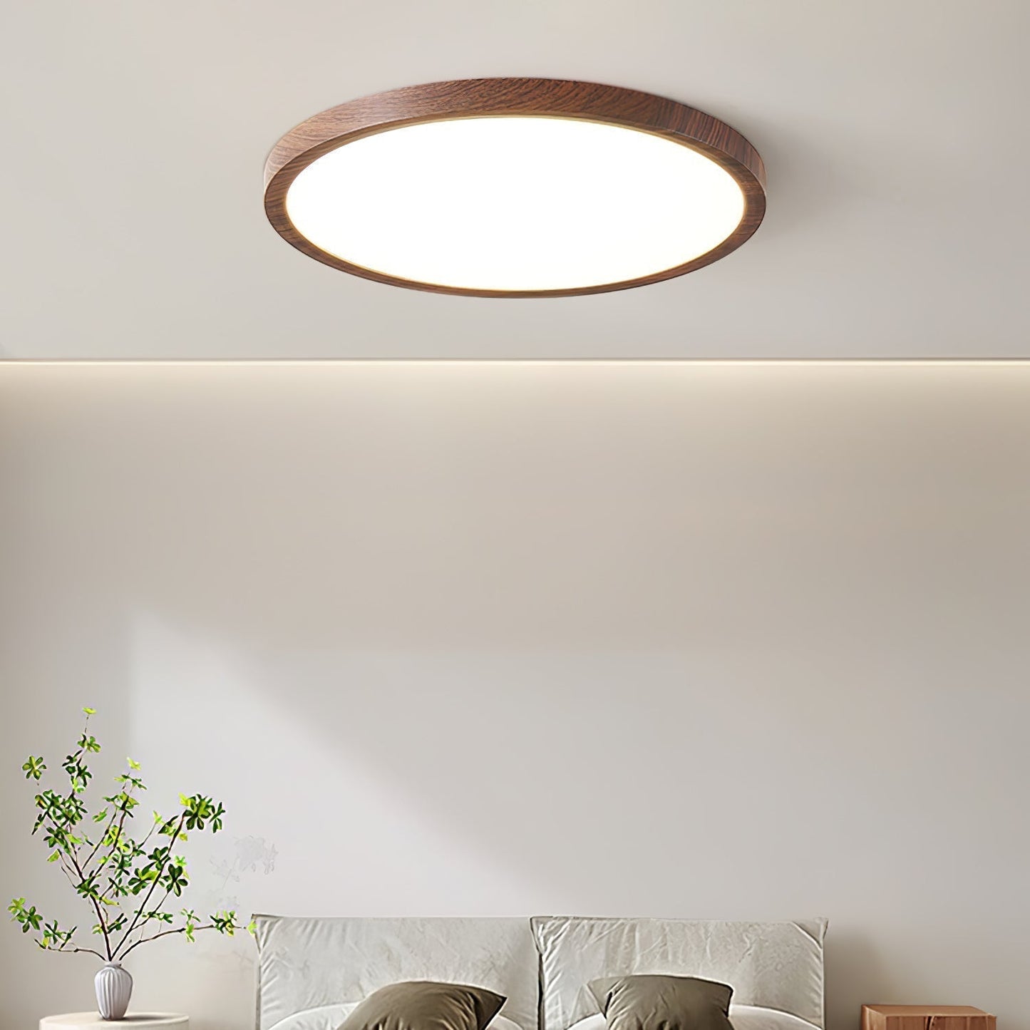 Lampe plafond ronde ultra-fine – Éclairage design finition noyer pour maison et bureau