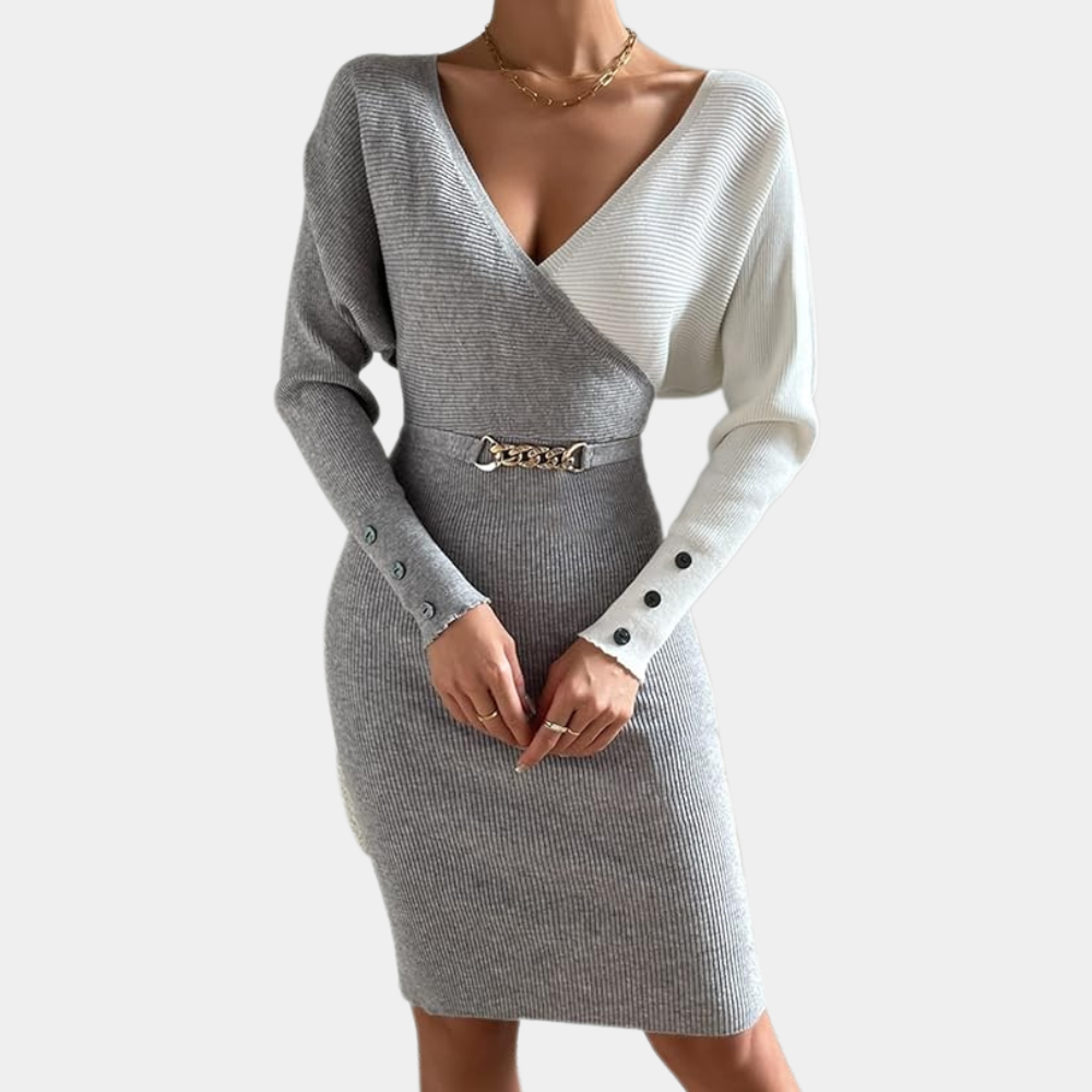 Robe élégante femme – Robe tricotée col en V chic et raffinée