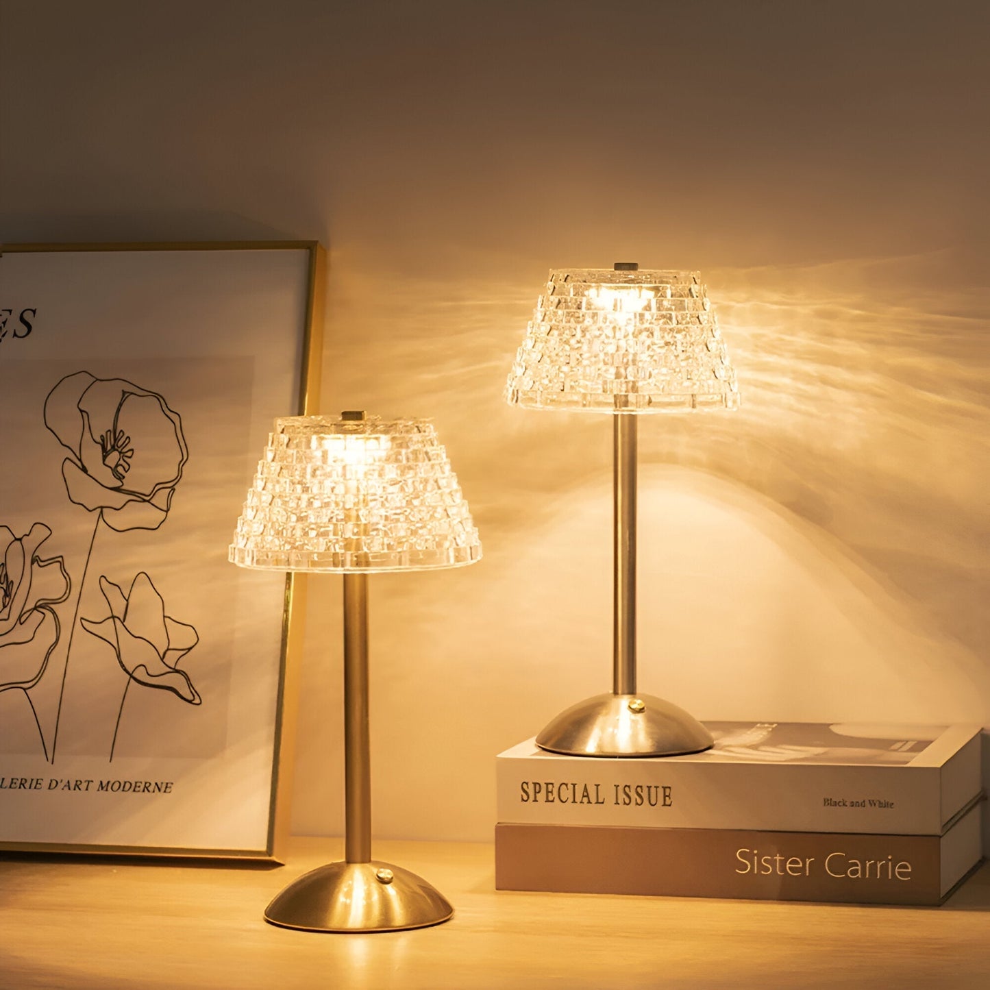 Lampe de table vintage sans fil – Lampe en verre cristallin pour maison et bureau