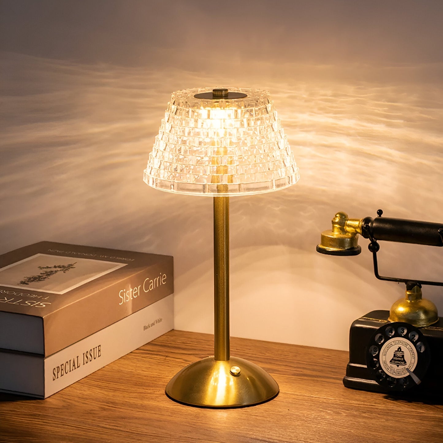 Lampe de table vintage sans fil – Lampe en verre cristallin pour maison et bureau