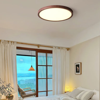 Lampe plafond ronde ultra-fine – Éclairage design finition noyer pour maison et bureau