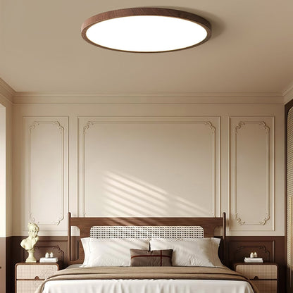 Lampe plafond ronde ultra-fine – Éclairage design finition noyer pour maison et bureau