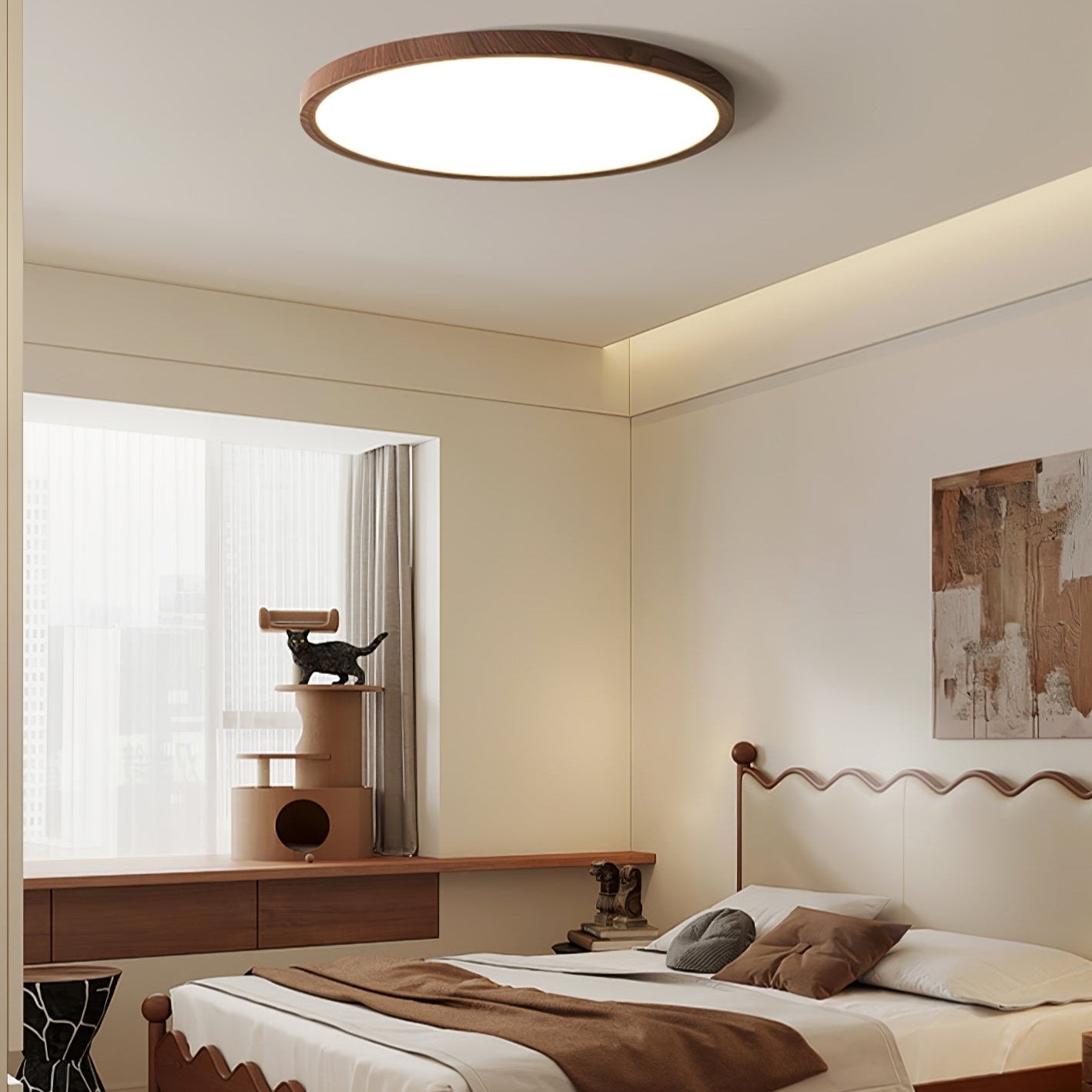 Lampe plafond ronde ultra-fine – Éclairage design finition noyer pour maison et bureau