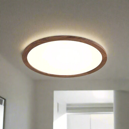 Lampe plafond ronde ultra-fine – Éclairage design finition noyer pour maison et bureau