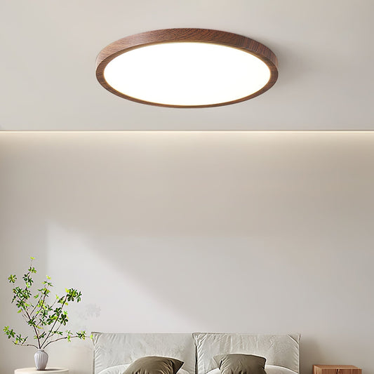 Lampe plafond ronde ultra-fine – Éclairage design finition noyer pour maison et bureau