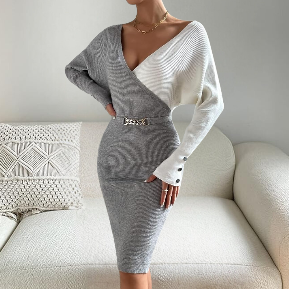 Robe élégante femme – Robe tricotée col en V chic et raffinée